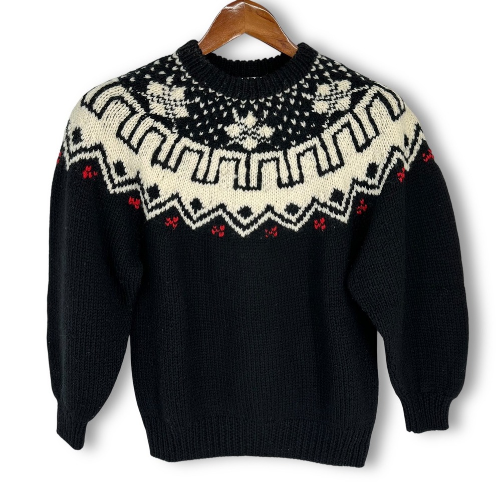 VTG Currents Australia Fair Isle Sweater Oversized Sz S 100% Wool Black‎ Cream
